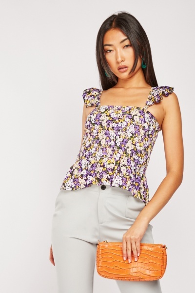 Ruffle Strap Floral Shirred Top
