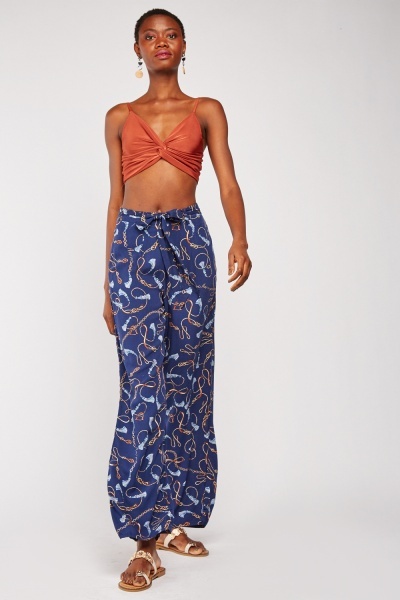 Printed Tie Up Wide Leg Trousers