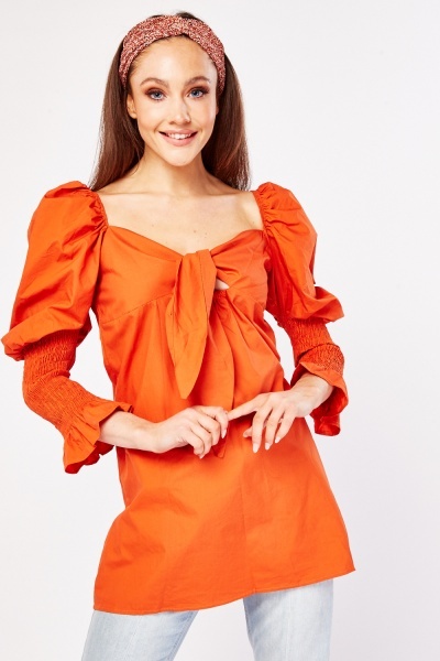 Tie Up Front Ruched Sleeve Top