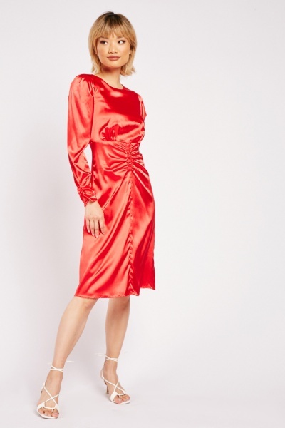 Ruched Long Sleeve Sateen Dress