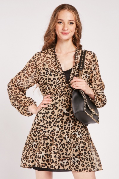 Leopard Print Wrap Chiffon Dress