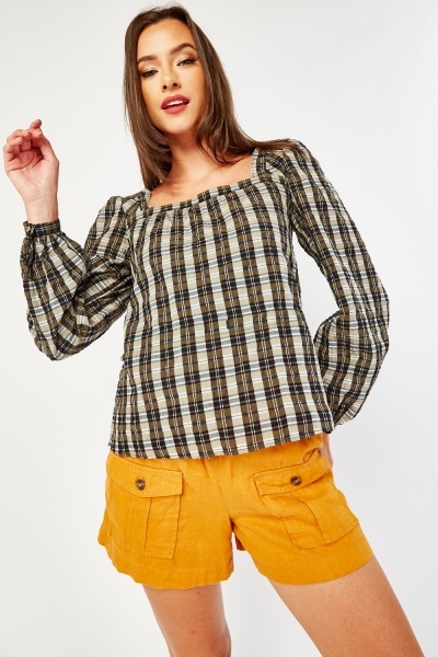 Crinkle Checkered Blouse