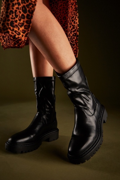 Faux Leather Sock Insert Chunky Boots