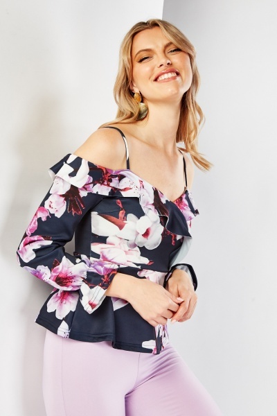 Cold Shoulder Ruffle Floral Top