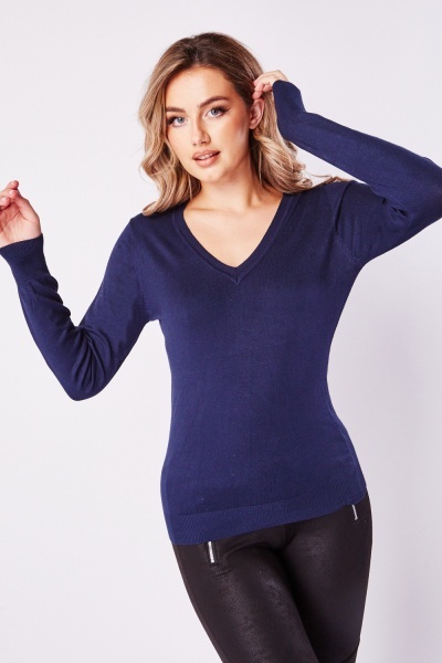 V-Neck Plain Knit Basic Pullover