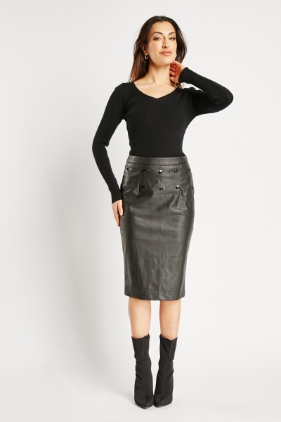 Studded Faux Leather Midi Skirt