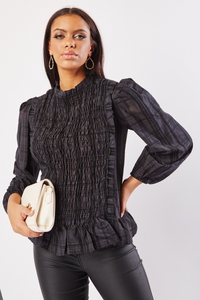 Gathered Panel Checkered Blouse