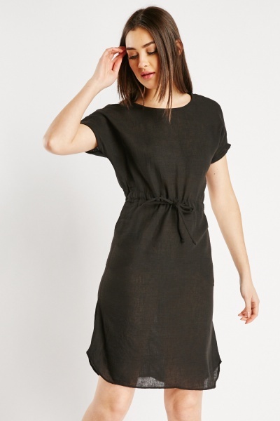 Textured Drawstring Black Dress