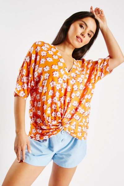 Twisted Front Floral Pattern Blouse