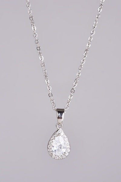 Tear Silver Pendant Encrusted Necklace