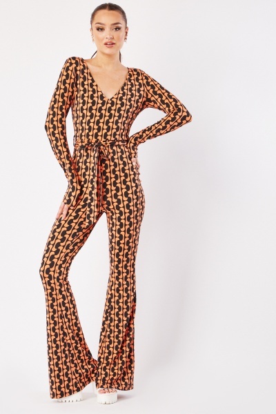 Two Tone Printed Long Sleeve Jumpsuit