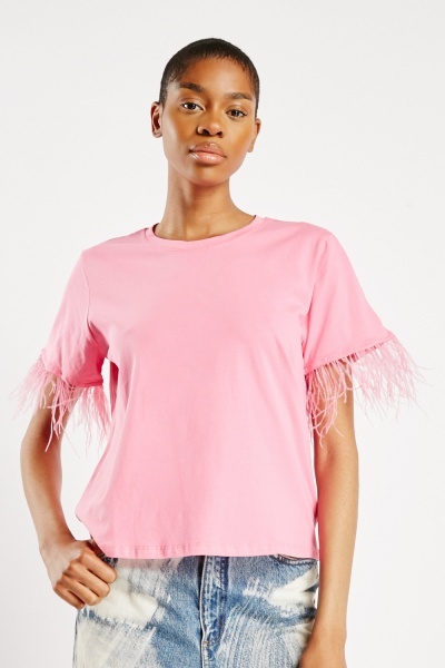 Feather Trim Short Sleeve Top