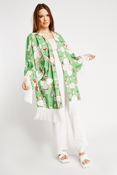 Tassel Trim Printed Kimono