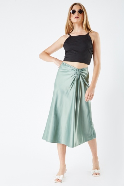 Ruched Panel Flared Sateen Skirt