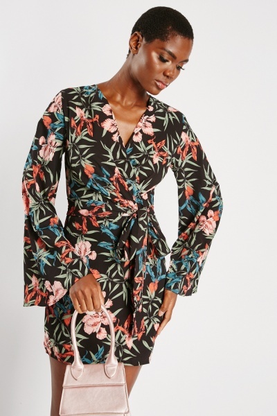 Flounce Sleeve Tropical Floral Dress