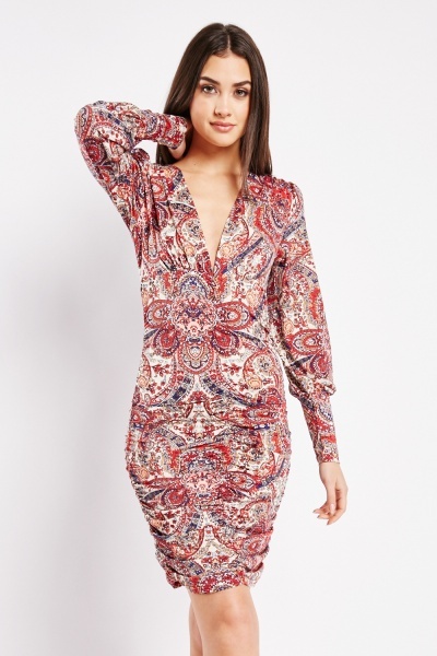 Ruched Low Plunge Printed Dress