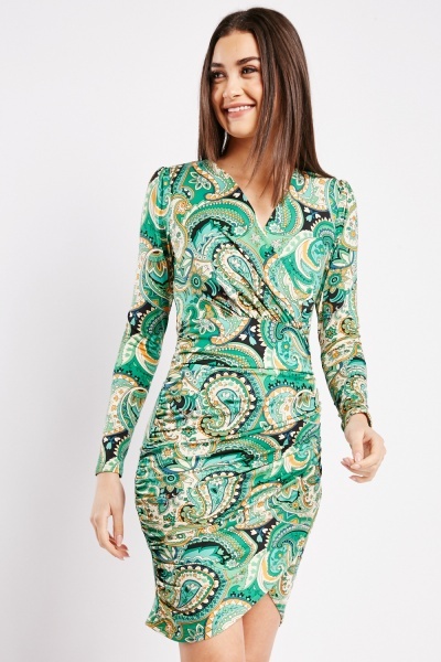 Paisley Printed Ruched Bodycon Dress