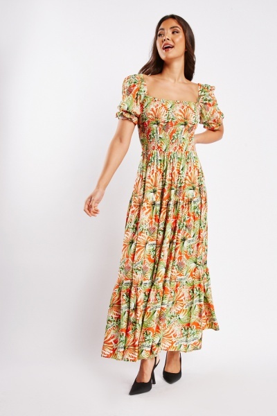 Tropical Print Shirred Maxi Dress
