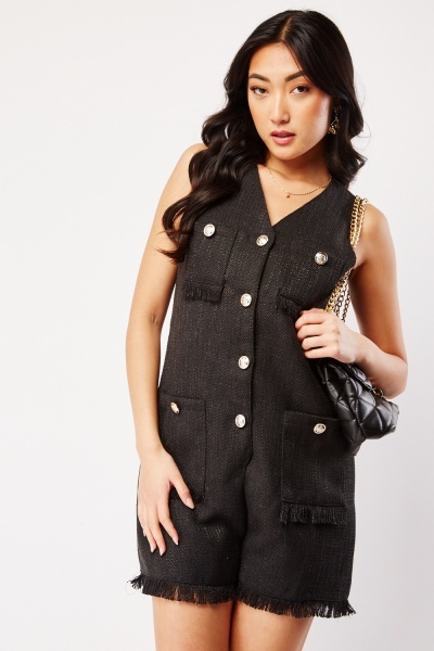 Military Button Insert Tweed Playsuit
