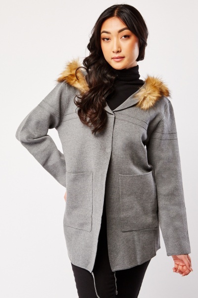 Fluffy Trim Hooded Coat