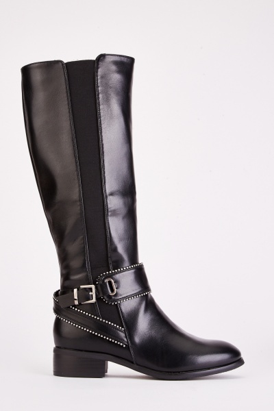 Encrusted Buckle High Knee Boots