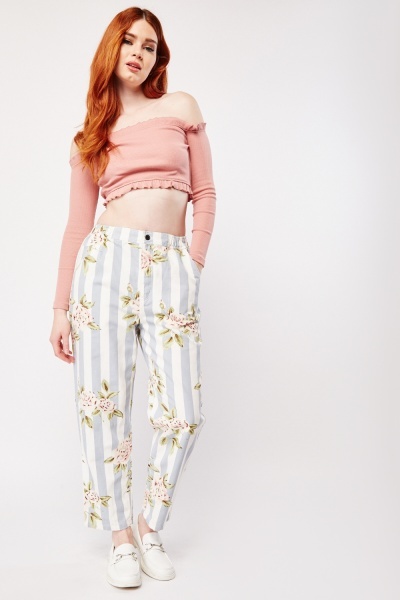 Striped Floral Print Trousers