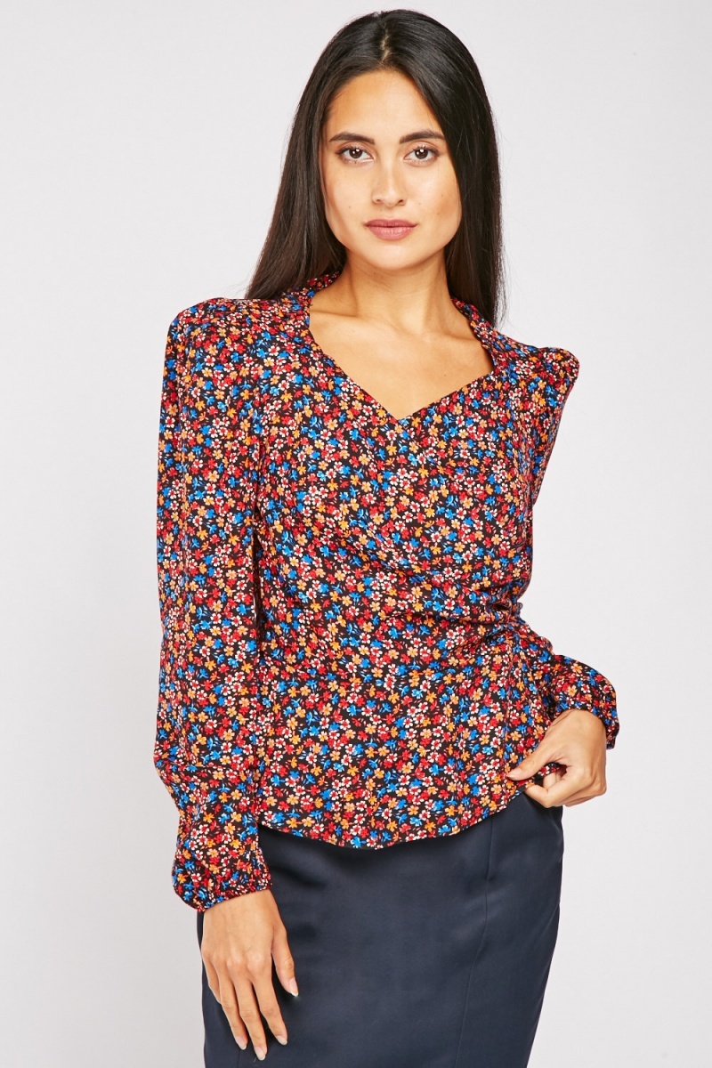 Ditsy Floral Print Wrap Blouse Just 6