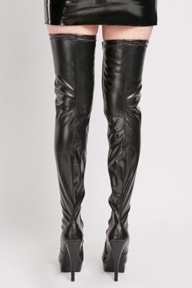 black faux leather thigh high boots