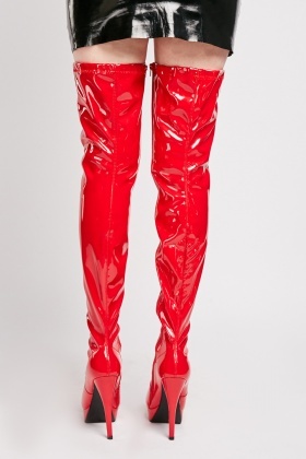 red pvc thigh high boots