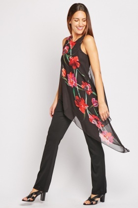 black jumpsuit with chiffon overlay