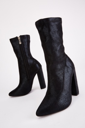Textured Sock High Heel Boots - Black - Just Skr77