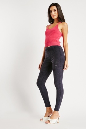 Distressed Elasticated Jeggings - Navy - Just $7