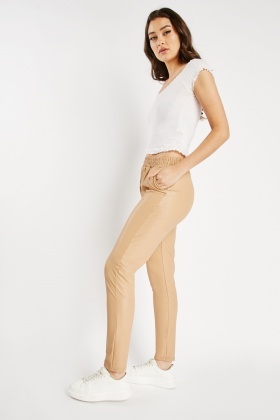 Beige faux leather joggers hot sale