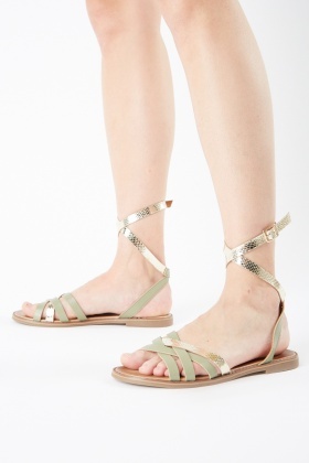 Metallic strappy 2025 flat sandals