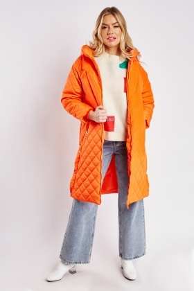 Quilted Hooded Long Jacket - Orange or Fuchsia - Just €11