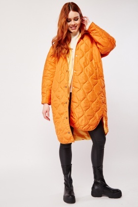 Quilted Hooded Longline Jacket - Orange - Just €11