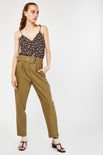 Vila Petite leather look tapered trousers with belt in beige  ASOS