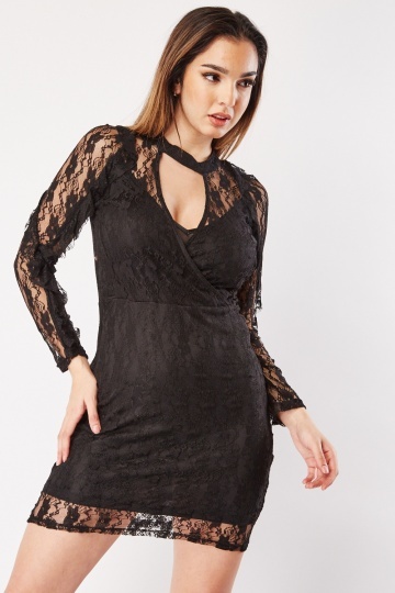 Lace Overlay Long Sleeve Mini Dress - Bordeaux or Black - Just $7