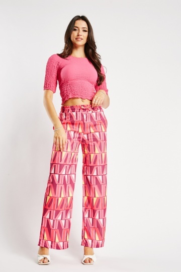 YOURS Plus Size Black Geometric Print Shirred Waist Wide Leg Trousers   Yours Clothing