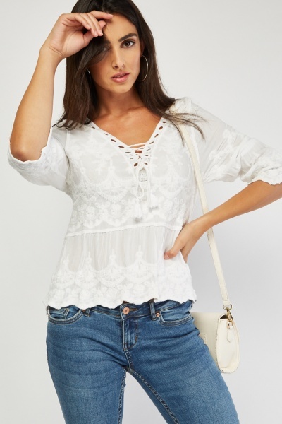 Embroidered Lace Up Tassel Blouse