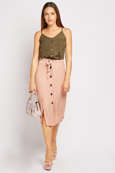 Button Front Nude Midi Skirt