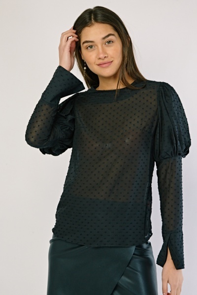 Sheer Textured Gathered Sleeve Blouse