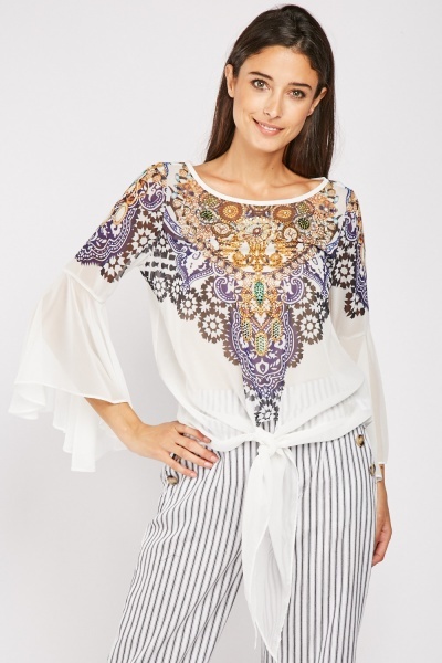 Encrusted Flute Sheer Sleeve Blouse