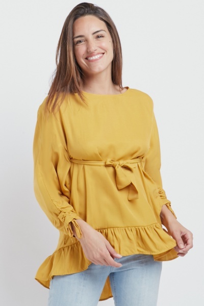 Tie Up Ruched Sleeve Blouse