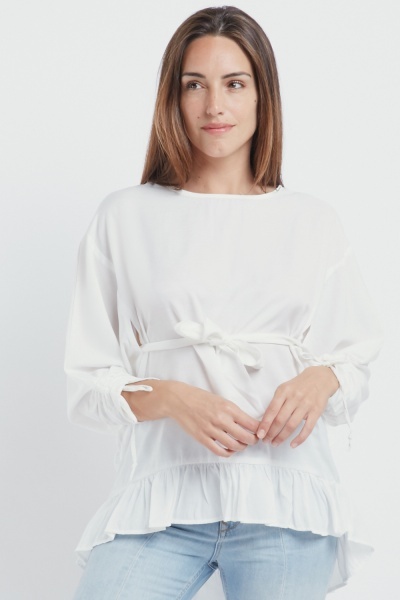 Tie Up Ruched Sleeve Blouse