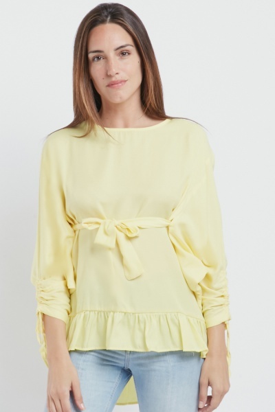 Tie Up Ruched Sleeve Blouse