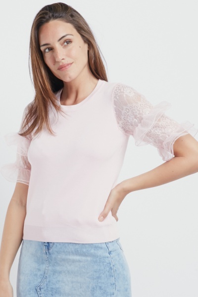 Knitted Contrast Frill Sleeve Top