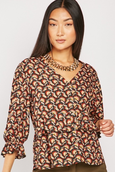 Button Front Repetitive Print Blouse