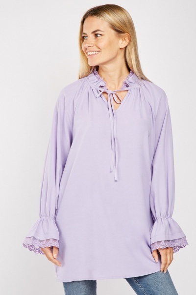 Ruffle Lace Neck Poplin Blouse