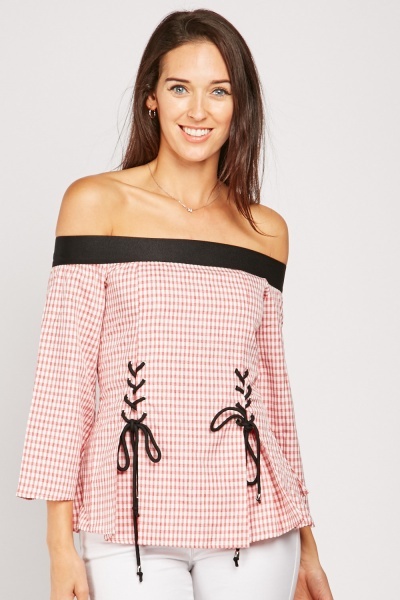 Lace Up Gingham Bardot Top